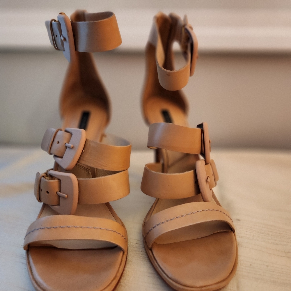 RACHEL ZOE beige, strap ankle, leather heel sandals, size 7.5.  4" heels